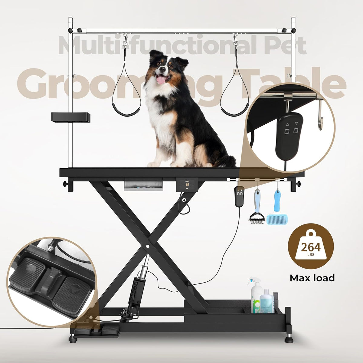 Electric Pet Grooming Table for Large Dogs - Professional Heavy Duty Height Adjustable Pet Grooming Station with Anti Slip Tabletop, Two Nooses & Tool Organizer, Maximum Capacity Up to 250 lbs Black