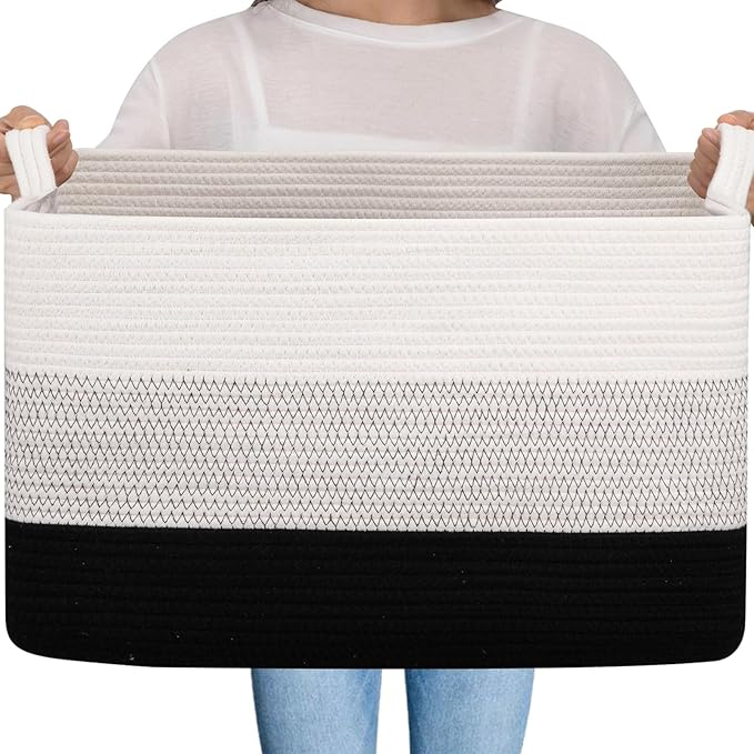 OIAHOMY Large Storage Basket, Cotton Rope Woven Blanket Basket, Toy Bin for Baby Room, Container for Blanket Storage in Living Room, 20''×16''×12'', Gradient Black