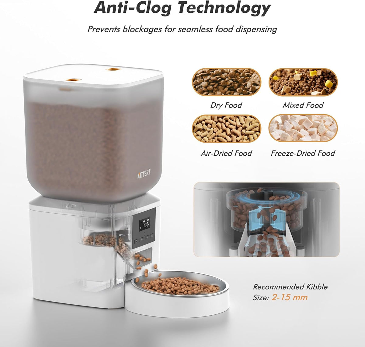 Automatic Dog Feeder - 8L/34 Cups Large Capacity Automatic Cat Food Dispenser with LCD Screen, Large Food Tray, Battery Operated, Timed Cat Feeder, Up to 50 Portions 6 Meals Per Day, Keeps Fresh