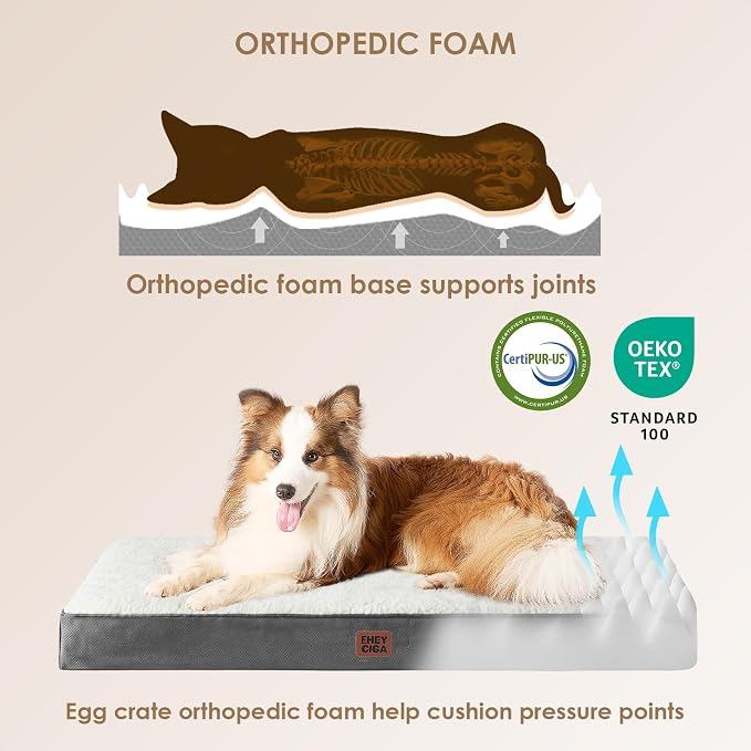 EHEYCIGA Orthopedic Dog Bed Large with Removable Washable Cover, 41IN Beige | Egg Crate Foam Support, Durable Oxford fabric, Non-Slip Bottom, Machine Washable, Soft Waterproof Plush Pet Bed Mat For Crate