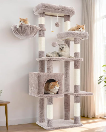 Gitelsnour Cat Tree for Indoor Cats, 55.1 inch Cat Tower with 7 Sisal Scratching Posts, Multi-Level Cat Condo wit Large Play Platform Furry Ball, Cat Cave, 2 Padded Perches, Basket, Mushroom GCT013MU