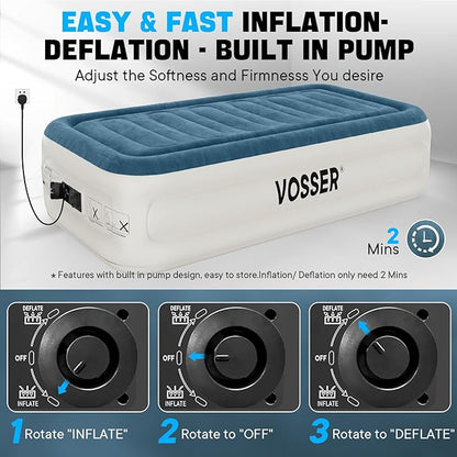VOSSER Twin Air Mattress with Built-in Pump,Fast & Easy Inflation/Deflation Inflatable Mattress, Foldable Blow Up Mattress with Storage Bag, Inflatable Bed for Home, Camping & Guests