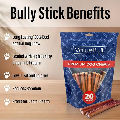 ValueBull Bully Sticks for Small Dogs, Thin 6 Inch, 200 Count Bulk Pack - All Natural Dog Treats, 100% Beef Pizzles, Single Ingredient