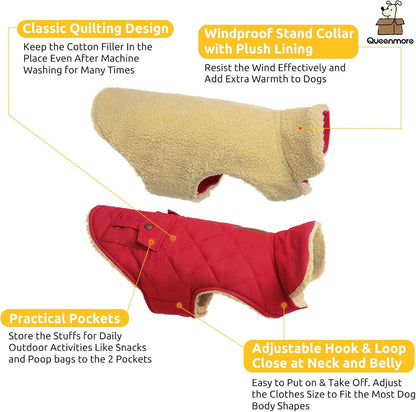 Queenmore Warm Dog Coat, Cold Weather Puffer Dog Jacket Ultra Thick Plush Lining with Storage Pockets (Red, Small)