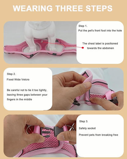 XXS Pink Soft Mesh Dog Harness and Leash Set,No Escape Puppy Harnesses for Training Walking， Reflective Adjustable Puppy Vest for Small Medium Dogs, Cats (Pink, XXS)