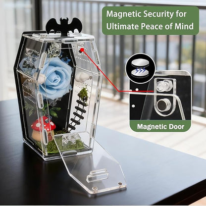 Coffin Shape Jumping Spider Enclosure, Acrylic Magnetic Terrarium with Feeding Hole, Front Opening Gothic Habitat for Tarantula Mantis Beetle