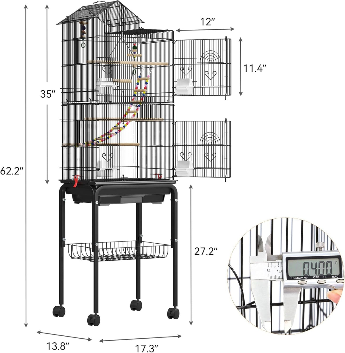 YITAHOME 62 Inch Large Bird Cage - Metal Flight Cage with Rolling Stand, Feeding Doors & Hanging Accessories for Parrots Cockatiels Conures Lovebirds Parakeets Small Birds