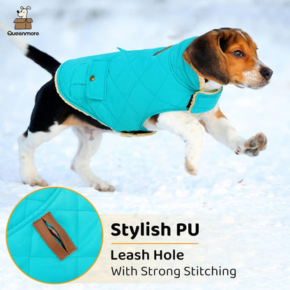 Queenmore Warm Dog Coat, Cold Weather Puffer Dog Coat Vest, Quilting Winter Pet Jacket Ultra Thick Plush Fleece Lining Pet Clothes for Dogs with Storage Pockets (Light Blue, Medium)