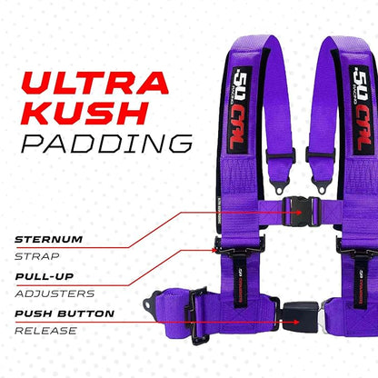 1pc 50 Cal Purple 4 Point Harness 2in Straps, Racing Harness Seat Belt | Ultra Kush padding, Push Button quick release hardware. Universal Fit for UTV, RZR, race car.