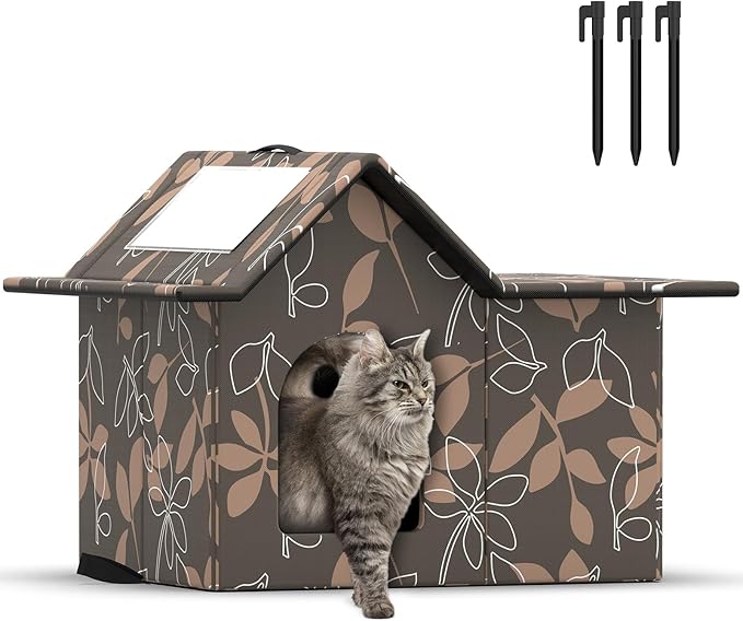 Outdoor Cat House Weatherproof, Large Feral Cat House for Winter, Collapsible Outdoor Cats Shelter in Winter with Door and Soft Mat, Easy to Assemble (Brown)
