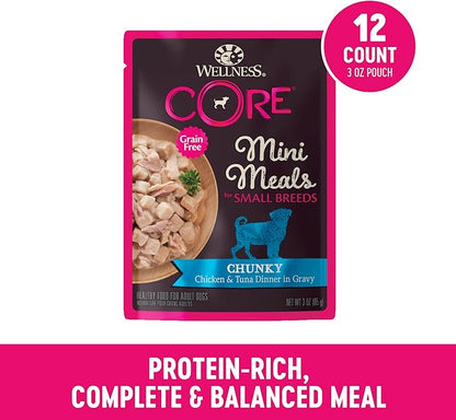 Wellness CORE Natural Grain Free Small Breed Mini Meals Wet Dog Food, Chunky Chicken & Tuna Dinner in Gravy, 3-Ounce Pouch (Pack of 12)