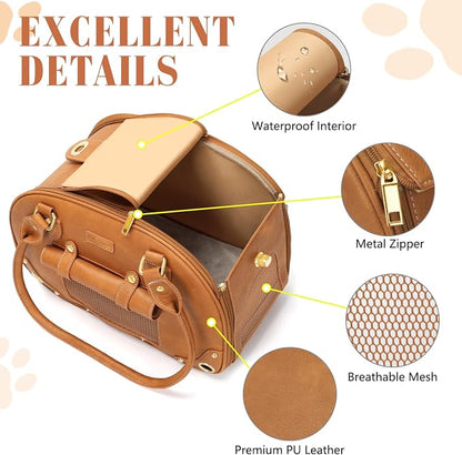 Dog Carrier Purse, Pet Carrier, Foldable Waterproof Premium PU Leather Pet Travel Portable Bag Carrier for Cat and Small Dog Home & Outdoor Small Brown