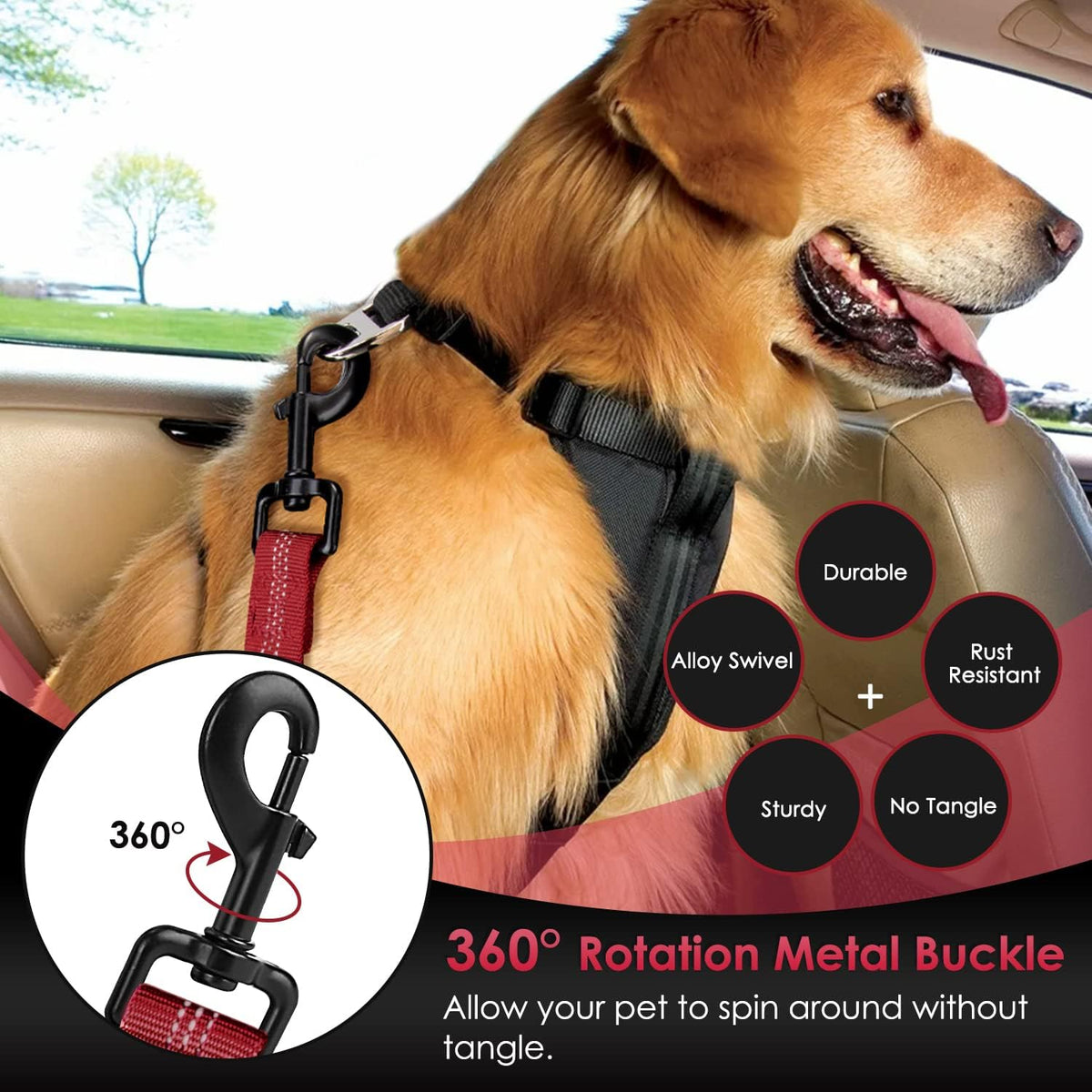 SlowTon Dog Seat Belt, Adjustable Dog Safety Belt Leash, 2 in 1 Latch Bar Attachment Dog Car Seatbelt with Elastic Nylon Bungee Buffer, Reflective Nylon Belt Tether(Red 35.5in)