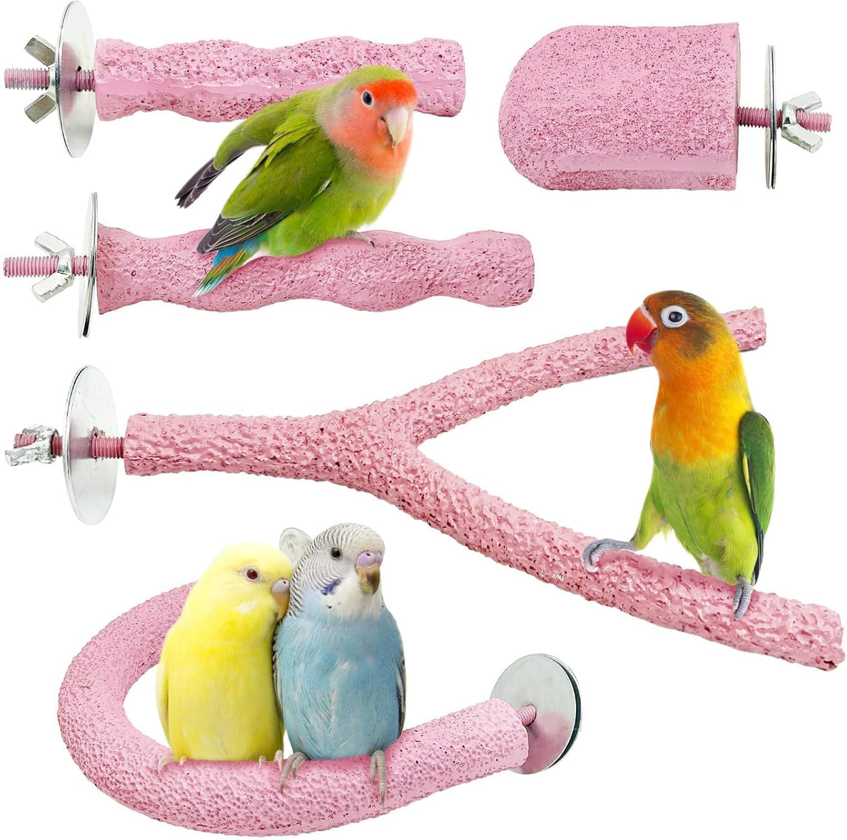 PINVNBY 5 Pack Bird Perch Resin Bird Beak Grinding Stone Parrot Cage Perch Stand Platform Foot Claws Trimmer Chew Toy Bird Cage Accessories for Budgie Cockatiel Conure Lovebird Finch (Pink)