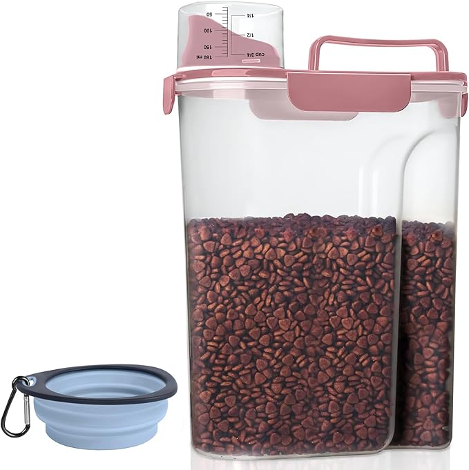 5-7Lbs Small Cat Dog Food Storage Containers BPA Free, Airtight Pet Food Storage Containers with Large Pour Spout/1 Measuring Cup/ 4 Safety Locks and With Folding Bowl (Rose Pink)