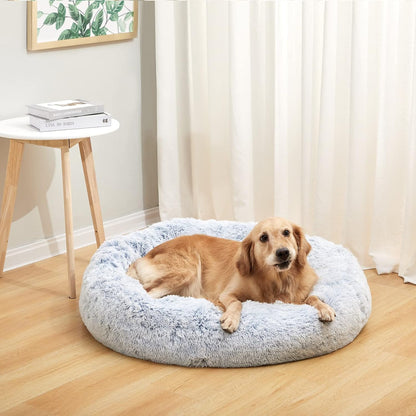 Bedfolks Calming Donut Dog Bed, 36 Inches Round Fluffy for Large Dogs, Anti-Anxiety Plush, Machine Washable (Light Blue, Large)