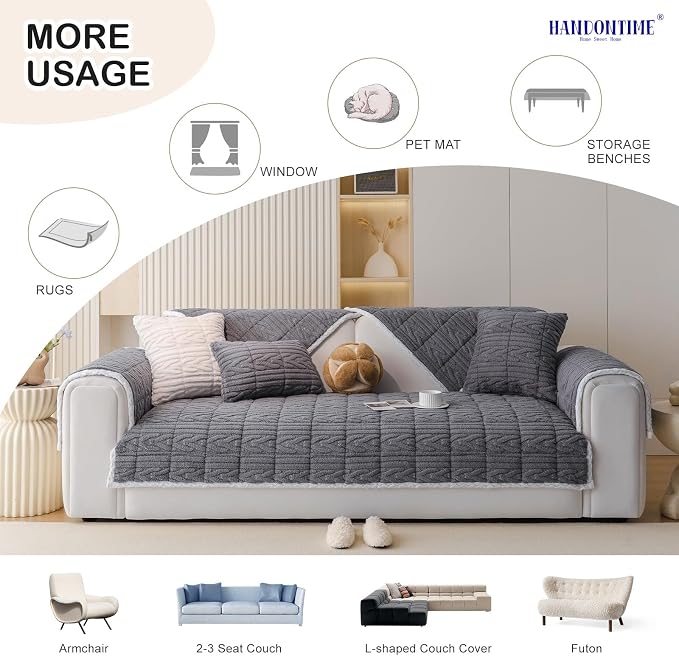 HANDONTIME Fuzzy Dog Couch Cover Washable, Pet-Friendly Sofa Covers Non-Slip Geometric Jacquard Pet Protector Furniture Cover for 3 Cushion Sofa Cozy Fuzzy Dog Mat for Couch (Grey, 35.4" x 70.9")