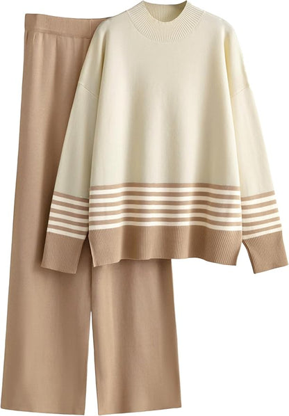 Tanming Women's Lounge Sets 2 Piece Outfits Knitted Pullover Sweater Tops Wide Leg Pants Tracksuit