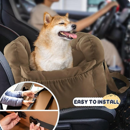 Dog Car Seat for Small Dogs, Portable Puppy Car Seat of Easy Installation, Fashionable Pet Carrier Bag with Large Pockets, Machine Washable Dog Booster Seat (Khaki)
