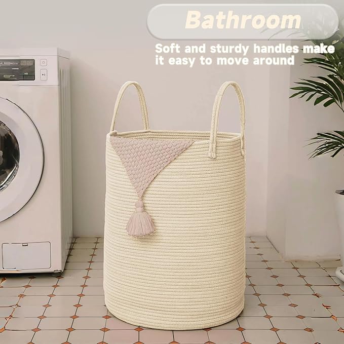 Large Woven Laundry Basket Hamper,100L Cotton Rope Storage Bin for Blankets,Toys and Clothes,Decorative Tall Nursery Hamper for Living Room,Baby Nursery,Bathroom and Bedroom,Beige