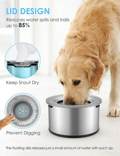 Heouvo 1 Gallon No Spill Dog Water Bowl with Slow Drink Floating Disk(Gray) | Splash-Proof Lid + Stainless Steel Bowl/Rubber Bottom/Slobber Stopper Water Bowl for Large Sloppy Messy Drinkers Reduce Mess