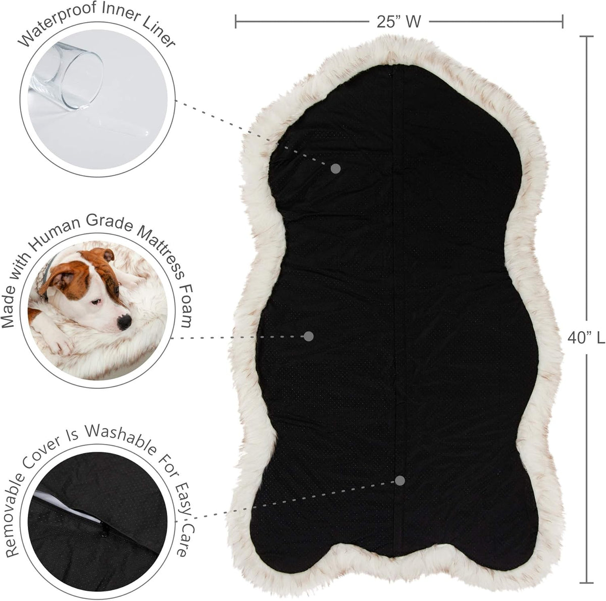 IHAPPYDOG Luxury Faux Fur Orthopedic Dog Bed, Memory Foam Dog Bed for Small, Medium, Large and XL Pets, Fluffy Pet Rug with Waterproof and Washable Cover (White w/Brown Tips, 40"x25")