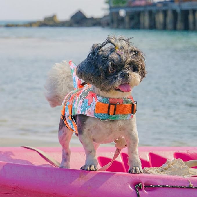 Dog Life Jacket High Flotation, Reflective Dog Life Vest for Swimming, Adjustable Dogs Life Preserver Rescue Handle Spring Summer Pool for Small, Medium, Large Dogs (HawaiiOrange,L)