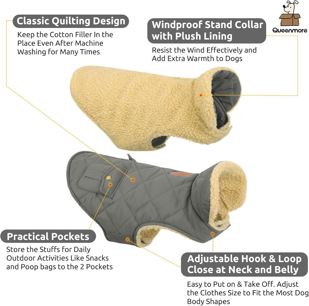 Queenmore Dog Winter Coat - Fleece Jacket, Waterproof Cold Weather Clothes, Thick Warm Cotton Padding, Easy On Storage Pockets (Grey, Large)