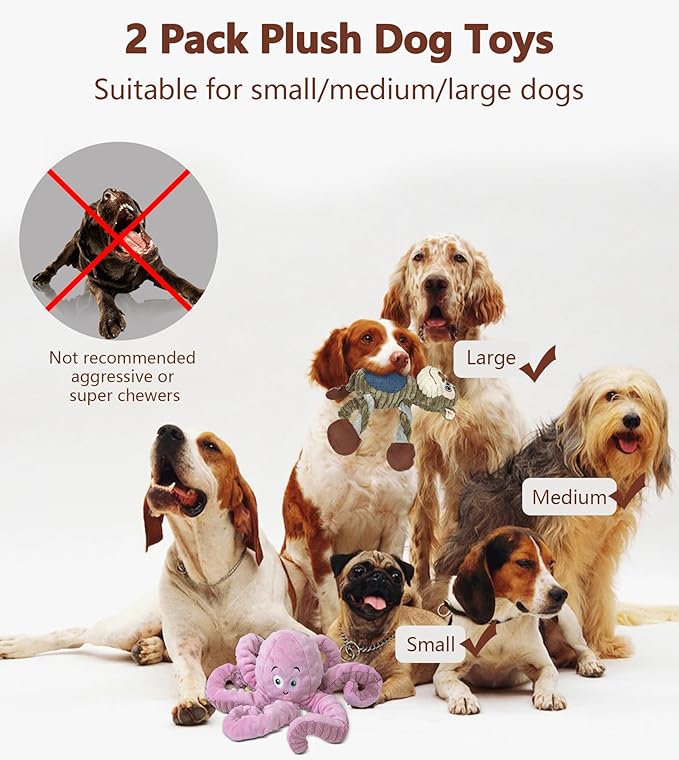 2Pack Dog Toys for Large Dog - Plush Squeaky Medium & Small Dog Toys - Stuffed Animals Puppy Toys - (Monkey+Octopus Pink)