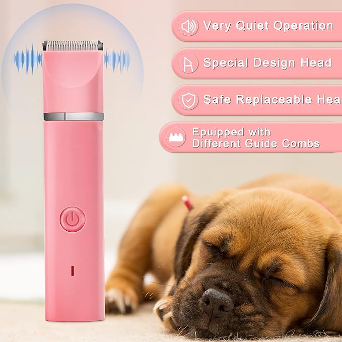 Dog Grooming Clippers Kit-Electric Rechargeable Cat Trimmer Tools-Cordless Quiet Pet Nail Paw Grinder-4 in 1 Multifunctional Low Noise Shaver-Razor for feet Face Ears Toenail Eye（Pink）