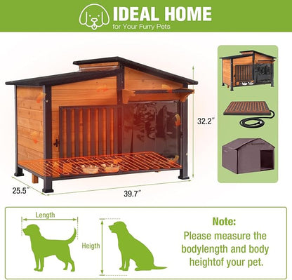 GUTINNEEN Heated Dog House Large Outdoor Insulated Dog Kennel Weatherproof Dog Shelter with Heated Pad, Insulated All-Round Thermal Liner, Chew-Proof Design for Dogs (Brown)