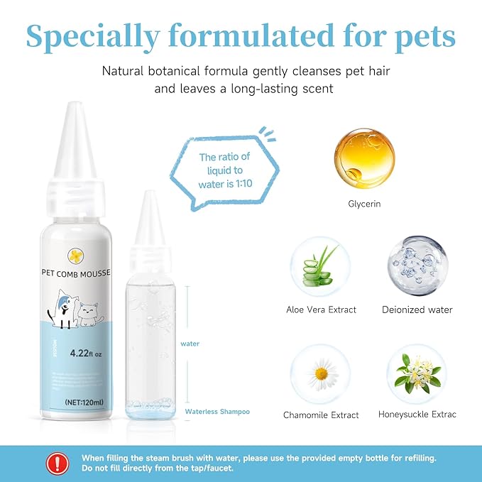Pet Steam Brush for Dog & Cat – shower bath brush – Steam for Shedding & Grooming Water Brush for Long & Short Haired Pets Spritz Defur Comb 3-in-1 Spray Hair Removal Comb Includes 2*Waterless Shampoo