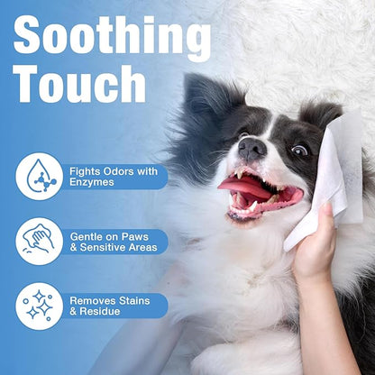 Dog Wipes and Cat Wipes Unscented with Enzymes to Eliminate Odors Paw Wipes for Muddy Feet Tear Stain Wipes for Eye Gunk Gentle Hypoallergenic for Sensitive Skin 80 Count