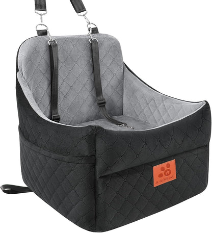 Dog Car Seat for Small/Medium Dogs, Dog Booster Car Seats with Thick Cushion for Dogs Under 35lbs, Detachable Washable Pet Car Seat with Storage Pockets, 2 Safety Belts(Black/Grey)