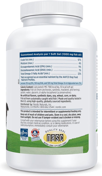 Nordic Naturals Omega-3 Pet, Unflavored - 180 Soft Gels - 320 mg Omega-3 Per Soft Gel - Fish Oil for Dogs with EPA & DHA - Promotes Heart, Skin, Coat, & Immune Health