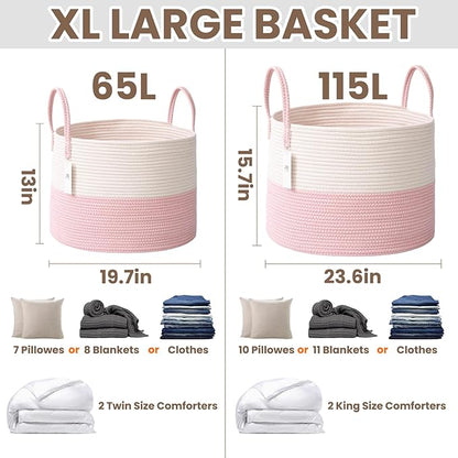 115L Extra Large Blanket Basket for Living Room - Woven Cotton Rope Laundry Hamper with Reinforced Handles - Storage Bin for Pillows, Comforters & Toys - Machine Washable,White&Pink