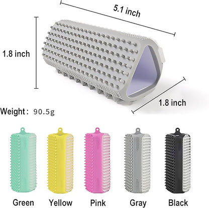 Triangular Wrap-Around Pet Grooming & Bath Brush for Dogs & Cats – 3-in-1 Silicone Dog Bath Brush with Deshedding Bristles, Massage Cones & Deep Cleaning Nubs, Soft Flexible Self-Cleaning Design,Pink