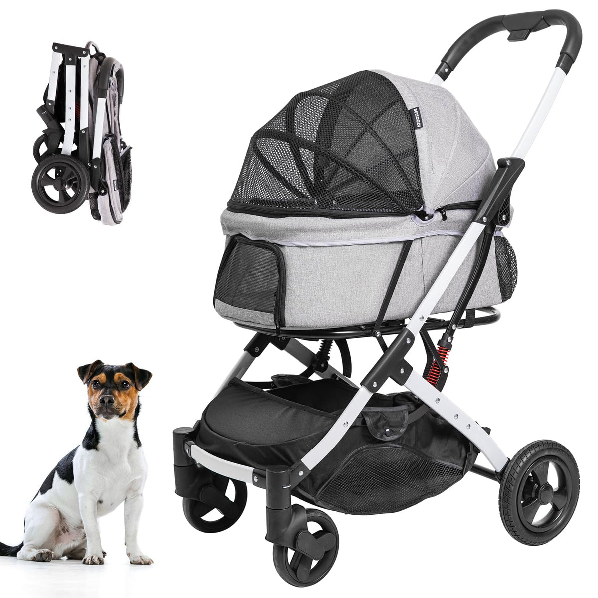 Pet Stroller for Medium Small Dog & Cat, Foldable Lightweight Dog Stroller with Storage Basket Pet Travel Carriage with Safety Leashes, 4 Wheel, Gray