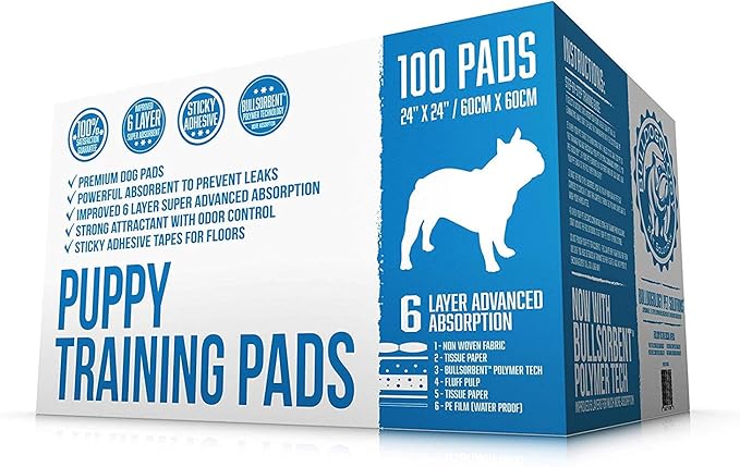 Bulldogology Puppy Training Pads - Pee Pads with Adhesive Sticky Tape (24x24) Large Dog Training Wee Pads with 6 Layer Extra Quick Dry Bullsorbent Polymer Tech (100-Count, White)
