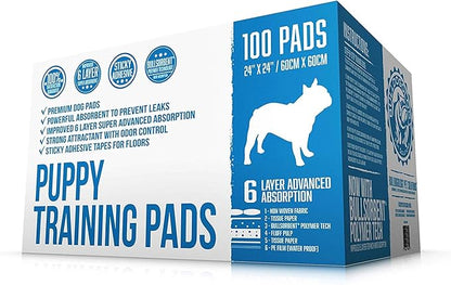 Bulldogology Puppy Training Pads - Pee Pads with Adhesive Sticky Tape (24x24) Large Dog Training Wee Pads with 6 Layer Extra Quick Dry Bullsorbent Polymer Tech (100-Count, White)