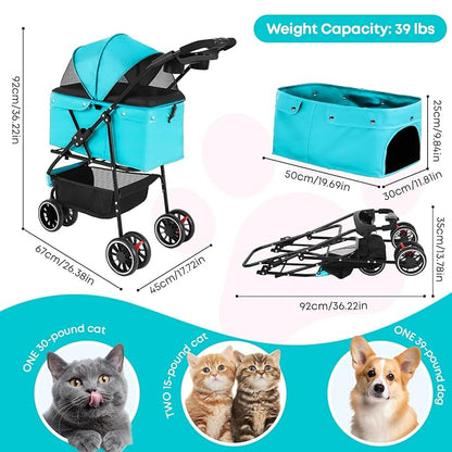 Pet Stroller,Dog Stroller for Small Medium Dogs Cats,3 Wheels,Mint Green | Foldable,with Breathable Mesh Canopy,Cup Holders,Easy Assembly