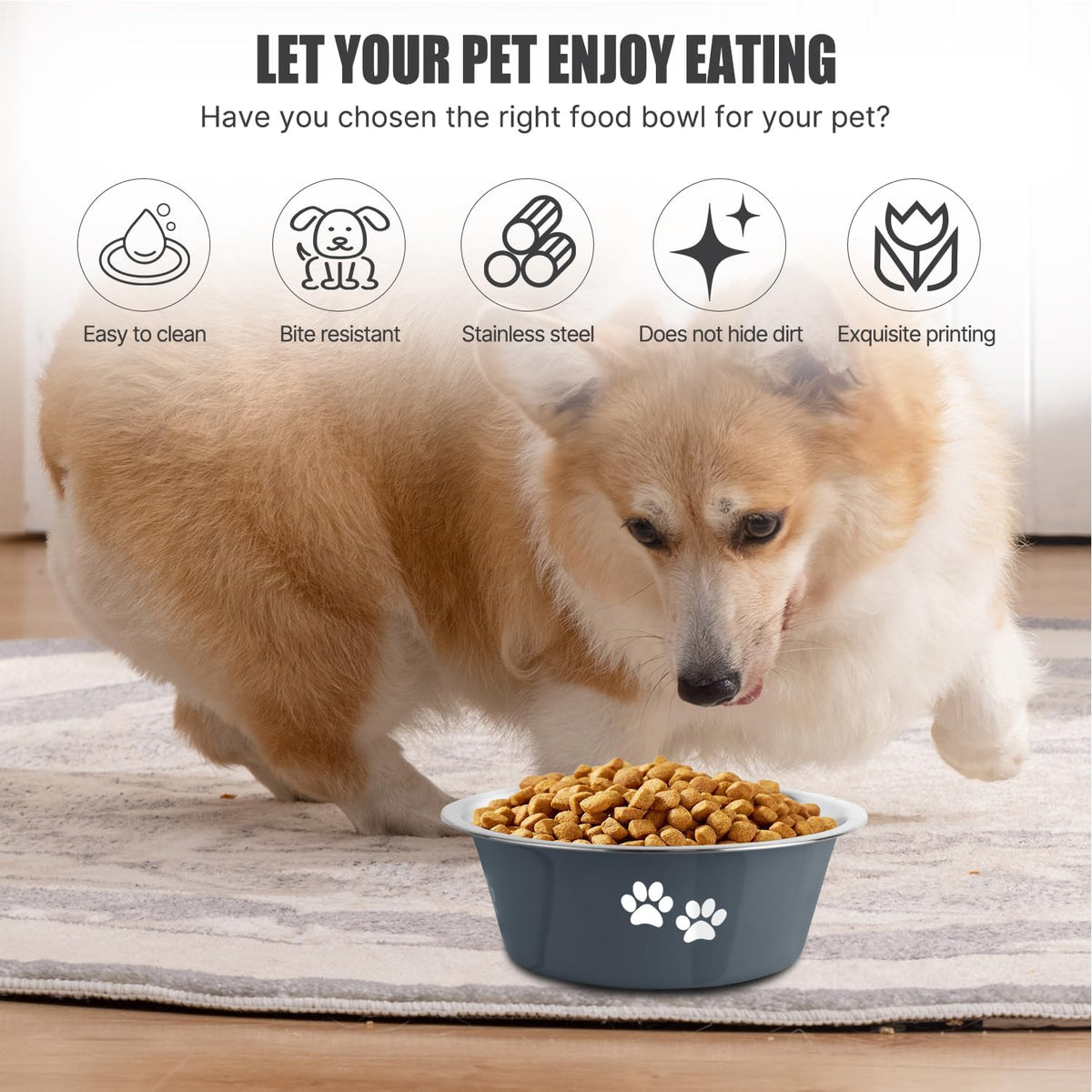 Stainless Steel Dog Bowls, Nonslip Rubber Bottom No Spill Proof Skid Metal Insulated Dog Bowls for Large Medium Small Breed Dogs (Grey, 6.6 Cups/53 OZ)