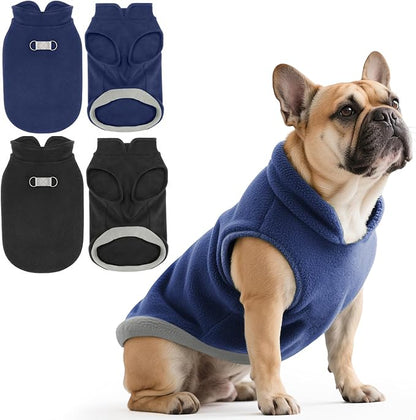 Idepet 2 Pack Dog Fleece Vest Sweater Warm Pullover Jacket with D-Ring Leash Reflective Winter Coat Hoodie for Puppy Cat French Bulldog Pug Chihuahuas Yorkies Dachshunds(Black&Blue,Small)