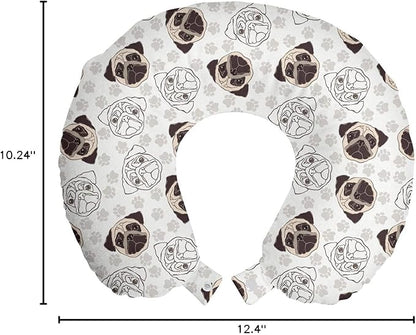 Ambesonne Dog Travel Pillow Neck Rest, Pug Portraits Traces Paw Print Background Canine Pet Illustration Mammal Animal, Memory Foam Traveling Accessory for Airplane and Car, 12", Beige Brown Tan
