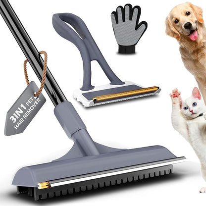 Carpet Rake for Pet Hair Removal - 3 in 1 Pet Hair Remover Tool with 58" Adjustable Long Handle,Reusable Dog & Cat Carpet Scraper,Pet Hair Remover for Rugs,Mats,Couch,Curtains(Gray)