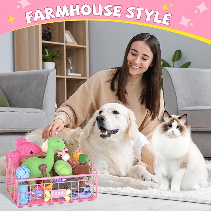 Indestructible Dog Toy basket, Small Toy Box for Dogs, Pet Toy Bin Dog Metal Basket for Toys, Toy Storage Organizer,Dog Toy Box for Living Room Area(Pink)