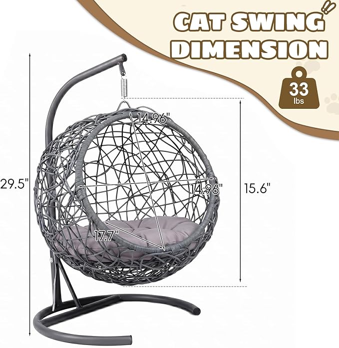 Hanging Cat Swing Bed with Stand, Rattan Egg Chair for Cats | Rattan Egg Chair Design, Soft Cushion, Stable Stand, Cozy Swinging Resting Spot For Cats And Small Dogs