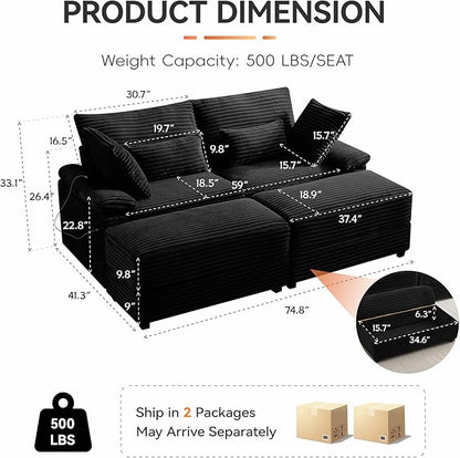 75" Corduroy Loveseat with Storage Ottoman & USB, Cloud Deep Seat Couch with Convertible Ottoman Coffee Table, Double Chaise Lounge for Living Room, Corduroy Black