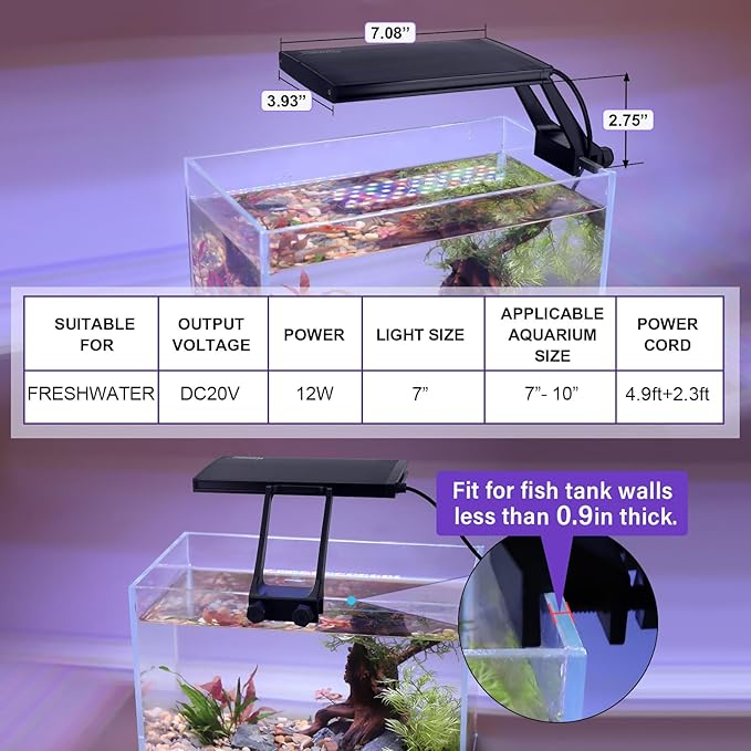 hygger Clip On 24/7 Lighting Aquarium LED Light,Sunrise-Daylight-Moonlight and DIY Mode, Adjustable Timer/Brightness Fish Tank Light with 7 Colors for Planted Tank (12W for 7~10in Tank)