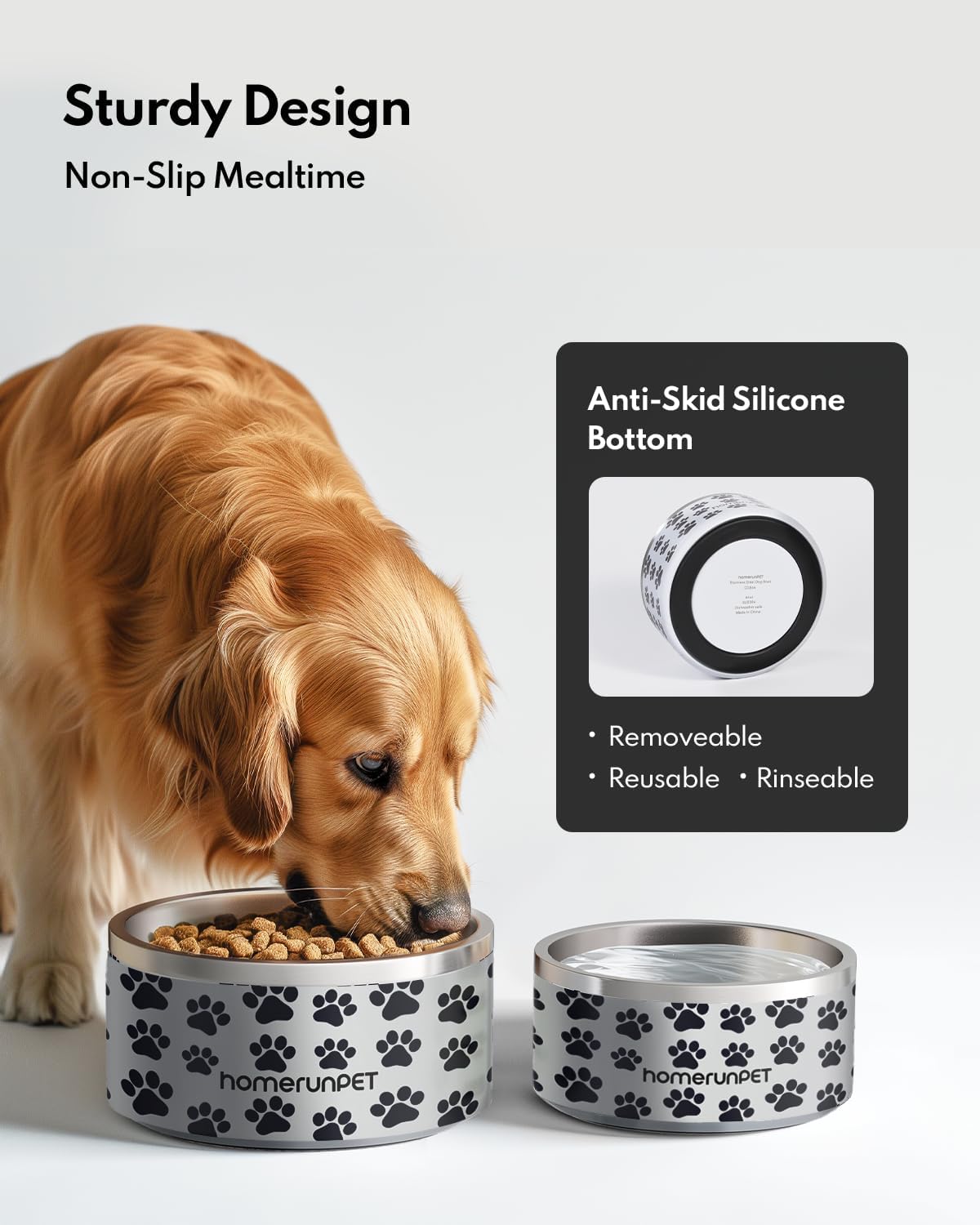 Dog Bowl, HomeRunPet Dog Food Water Bowl with Non-Slip Rubber Base, Metal Insulated Stainless Steel Dog Bowls, Double Wall Dog Bowl for Small Medium Large Dogs, Durable, Dishwasher Safe, 32oz